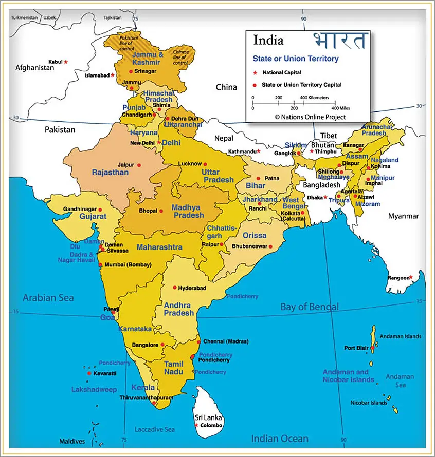 WBBSE Notes For Class 6 Physical Geography Chapter 10 India - Location Of India And Political Divisions Indian Location Map