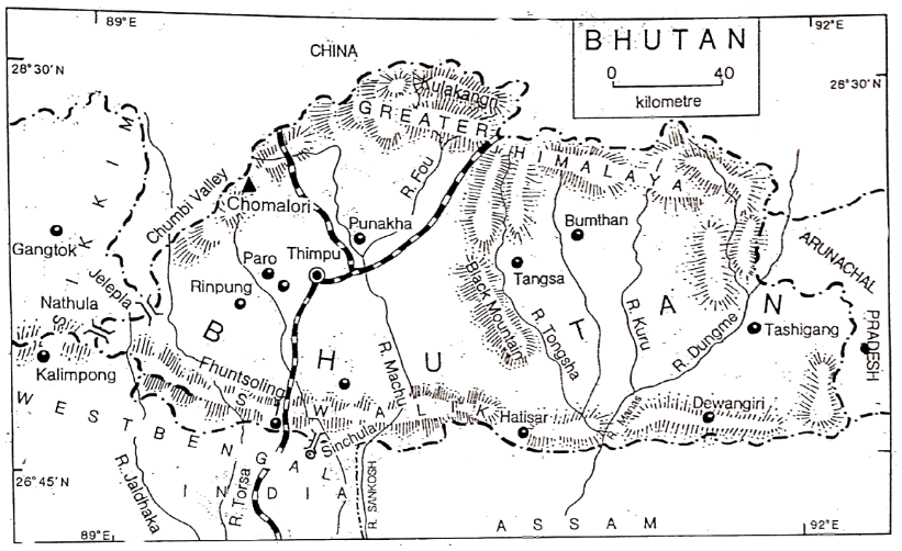 WBBSE Notes For Class 8 Geography Chapter 8 Some Neighbouring Countries Of India Map Of Bhutan