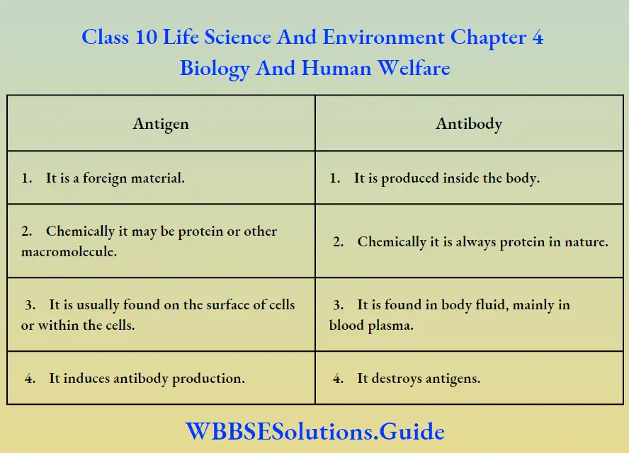 Class 10 Life Science And Environment Chapter 4 Biology And Human Welfare Difference Between Antigen And Antibody