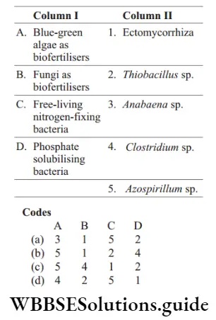 NEET Biology Microbes as Biofertilisers MCQs Question 67 Match the items in column 1 with those in column 2 and choose the correct answer.