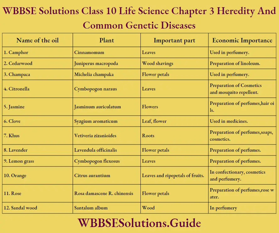 WBBSE Solutions Class 10 Life Science Chapter 3 Heredity And Common Genetic Diseases Short Answer Questions Different Essential Oils Produced