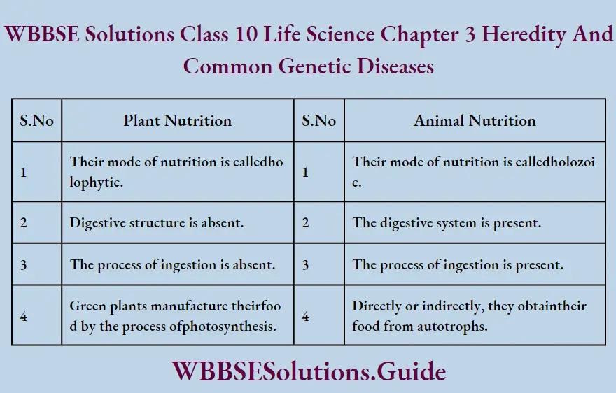 WBBSE Solutions Class 10 Life Science Chapter 3 Heredity And Common Genetic Diseases Sort Answer Questions Difference Between Plant Nutrition And Animal Nutrition