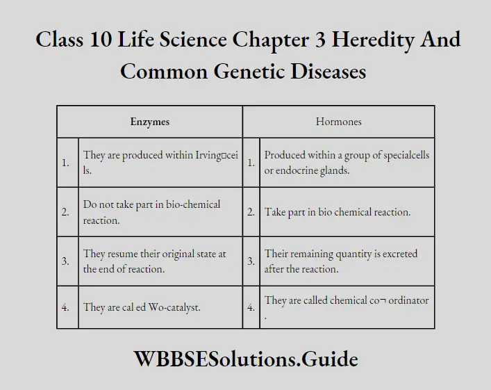 WBBSE Solutions Class 10 Life Science Chapter 3 Heredity And Common Genetic Diseases Enzymes and Hormones