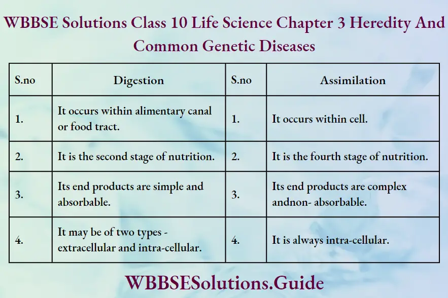 WBBSE Solutions Class 10 Life Science Chapter 3 Heredity And Common Genetic Diseases Short Answer Questions Digestion and Assimilation