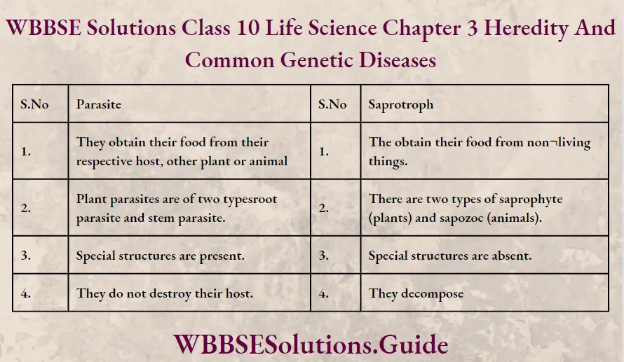 WBBSE Solutions Class 10 Life Science Chapter 3 Heredity And Common Genetic Diseases Short Answer Questions Parasite And Saprotroph