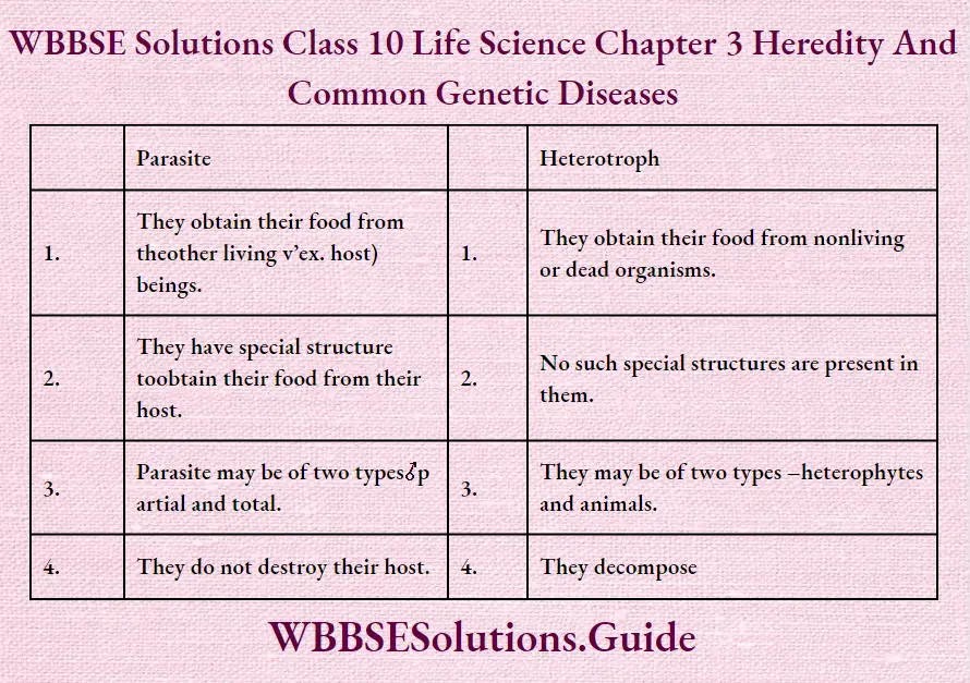 WBBSE Solutions Class 10 Life Science Chapter 3 Heredity And Common Genetic Diseases Short Answer Questions Parasite and Heterotroph