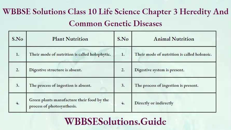 WBBSE Solutions Class 10 Life Science Chapter 3 Heredity And Common Genetic Diseases Short Answer Questions Plant Nutrition And Animal Nutrition